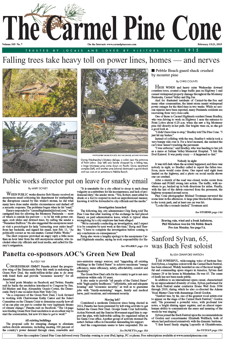 The
                February 15, 2019, front page of The Carmel Pine Cone
