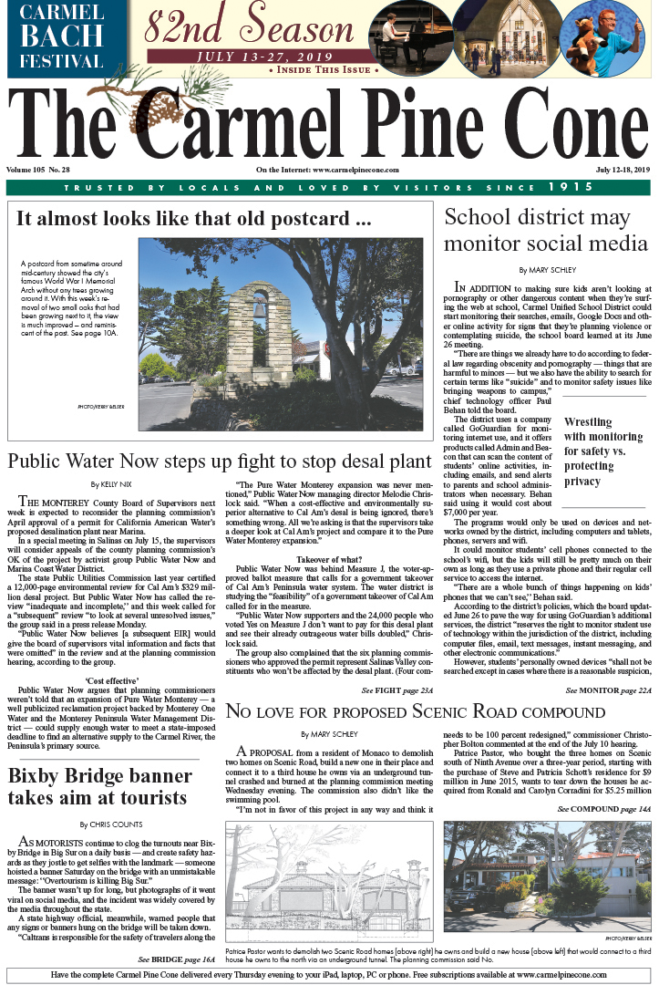 The July
                12, 2019, front page of The Carmel Pine Cone