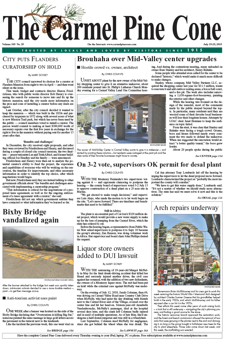 The July
                19, 2019, front page of The Carmel Pine Cone