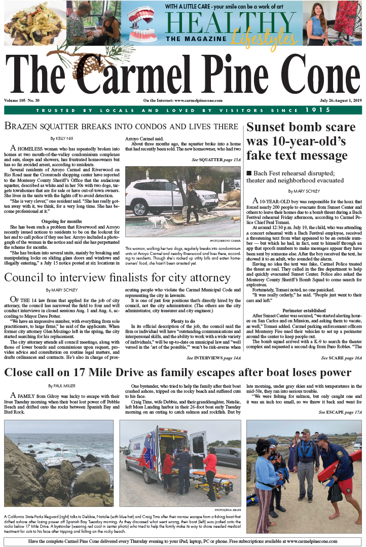 The July
                26, 2019, front page of The Carmel Pine Cone