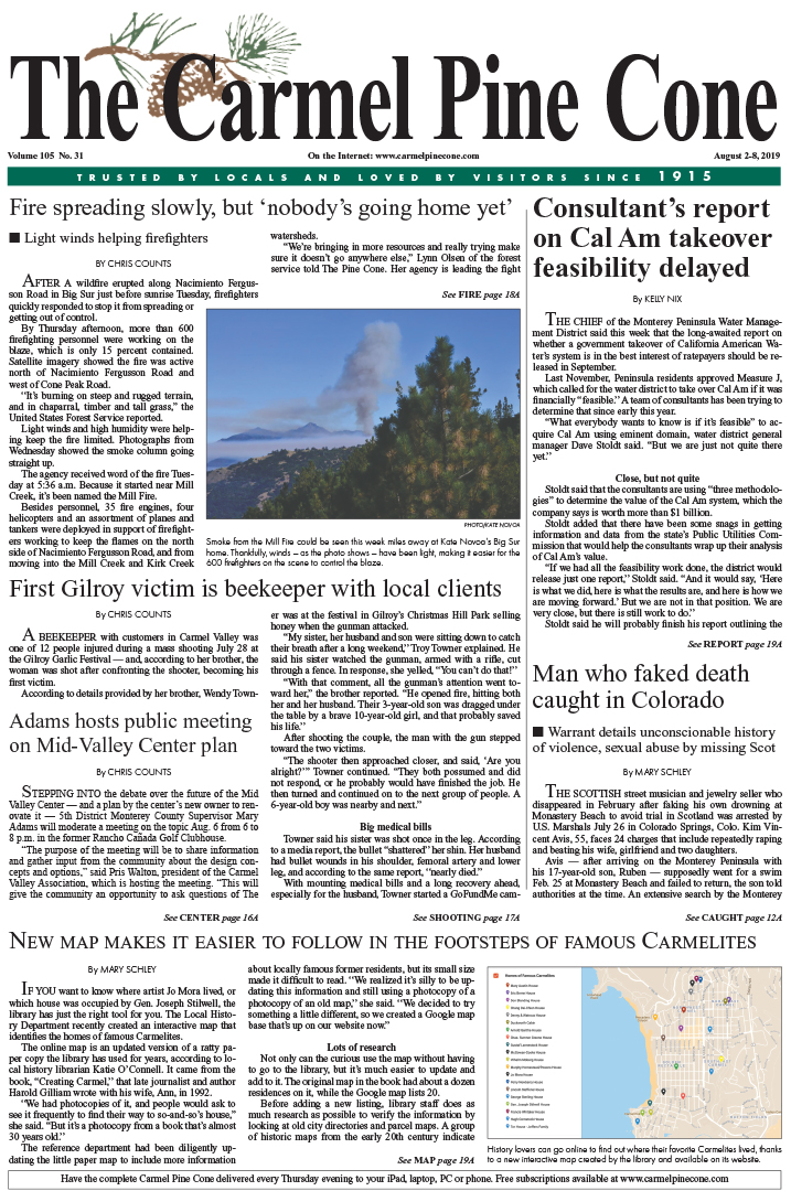 The
                August 2, 2019, front page of The Carmel Pine Cone