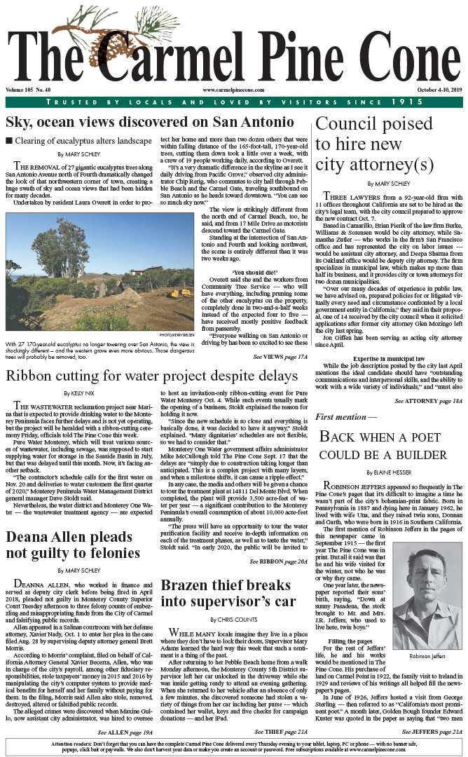 The
                October 4, 2019, front page of The Carmel Pine Cone