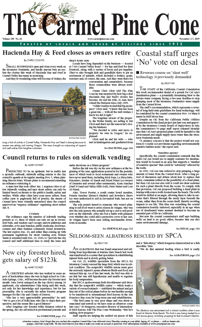The
                November 1, 2019, front page of The Carmel Pine Cone