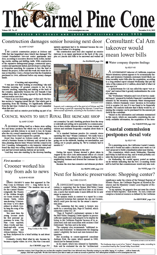 The
                November 8, 2019, front page of The Carmel Pine Cone