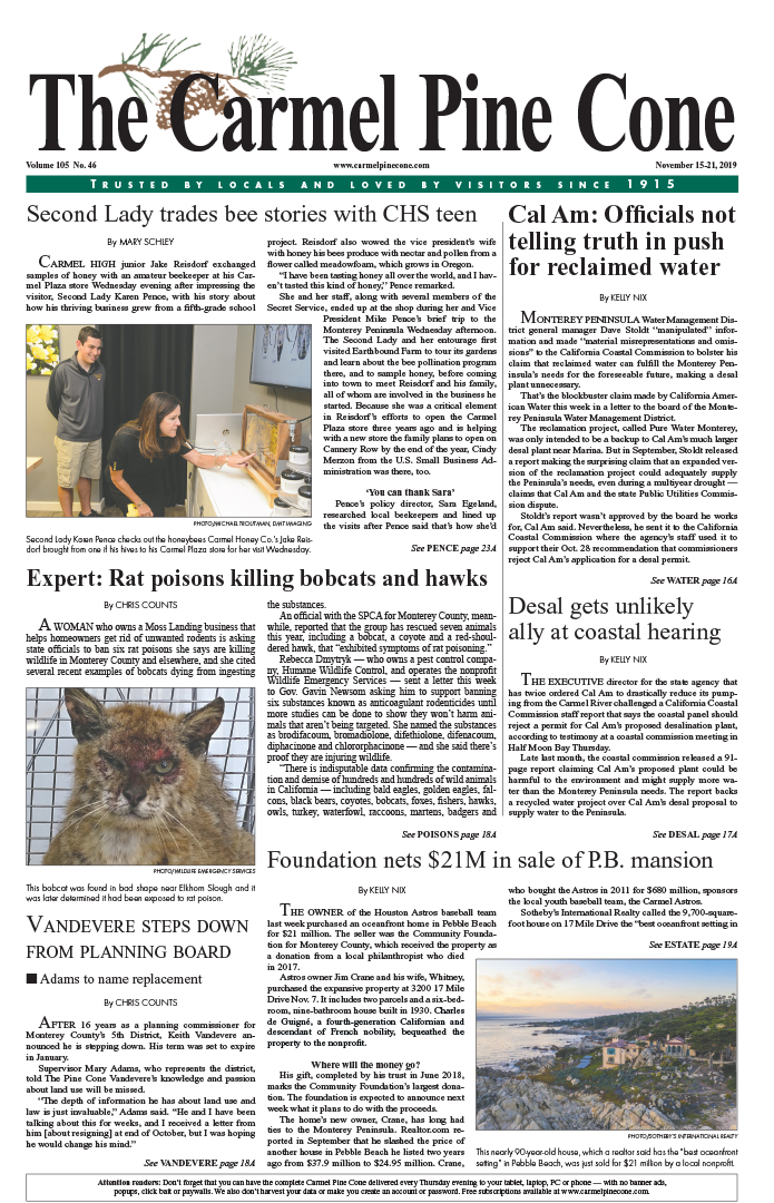 The
                November 15, 2019, front page of The Carmel Pine Cone