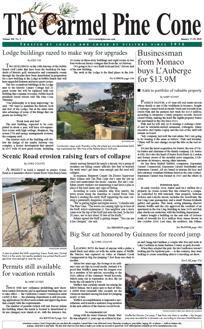 The
                January 17, 2020, front page of The Carmel Pine Cone