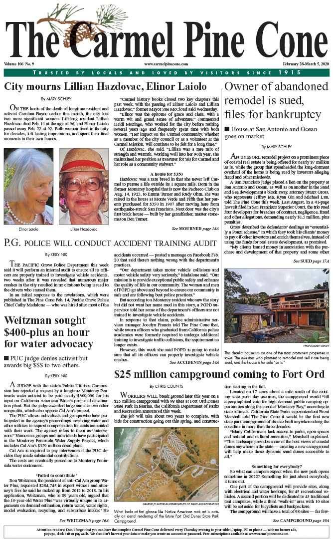 The
                February 28, 2020, front page of The Carmel Pine Cone