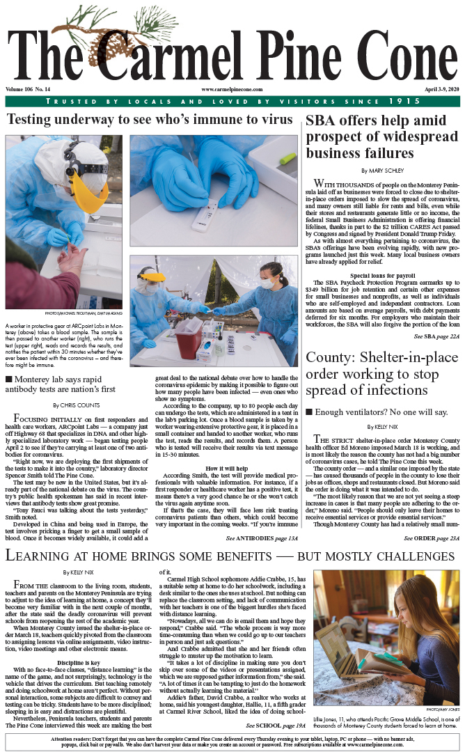 The April
                3, 2020, front page of The Carmel Pine Cone
