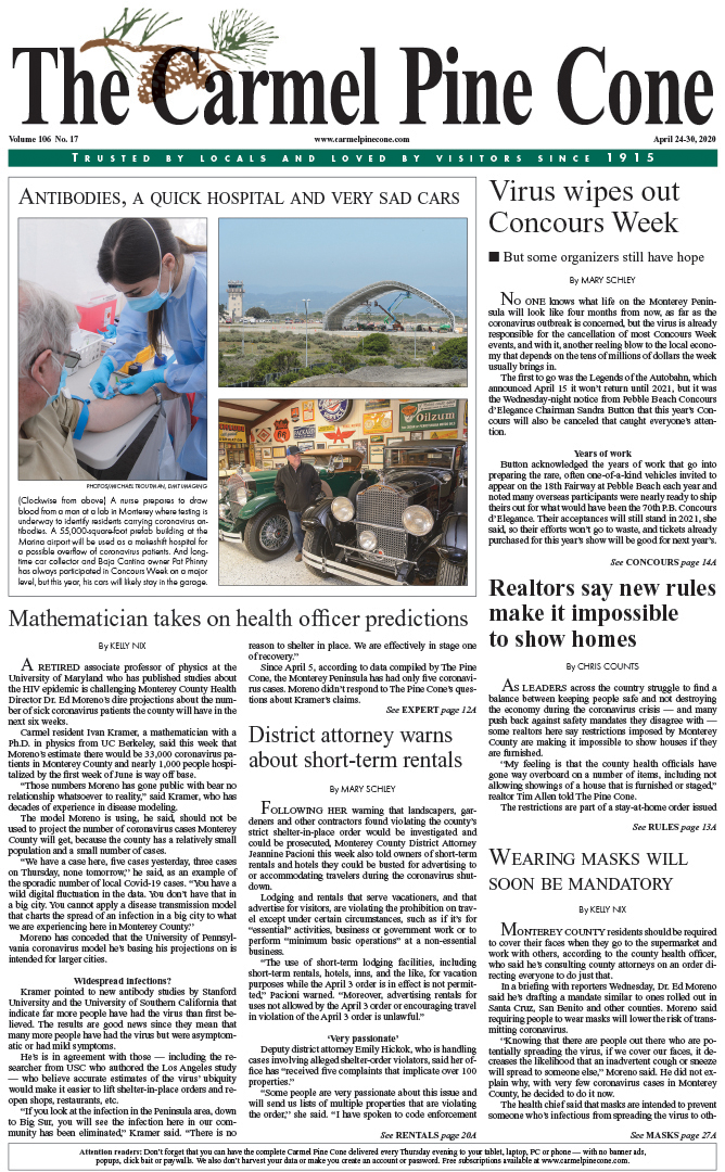 The April
                24, 2020, front page of The Carmel Pine Cone