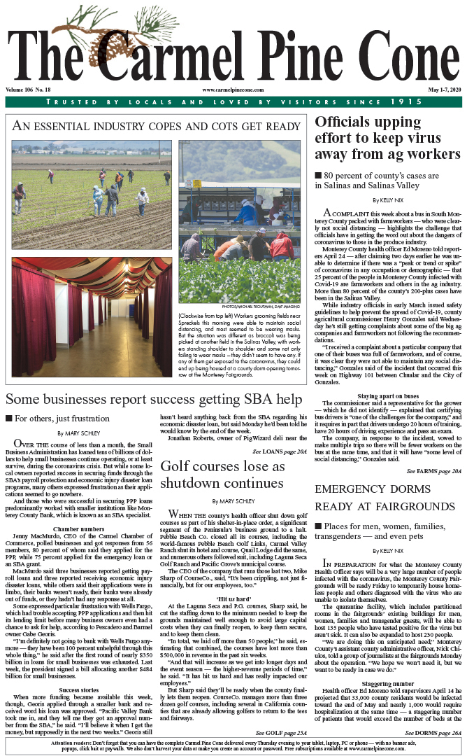 The May
                1, 2020, front page of The Carmel Pine Cone