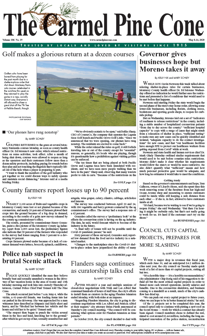 The May
                8, 2020, front page of The Carmel Pine Cone