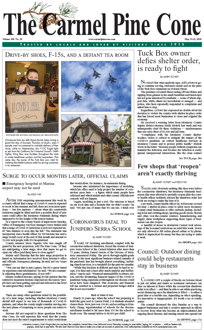 The May
                15, 2020, front page of The Carmel Pine Cone