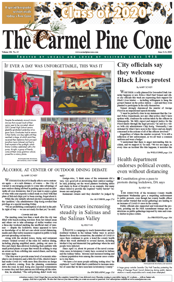 The June
                5, 2020, front page of The Carmel Pine Cone