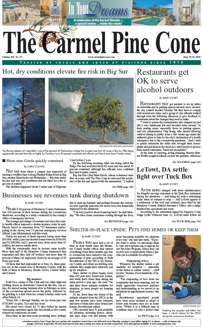 The June
                19, 2020, front page of The Carmel Pine Cone