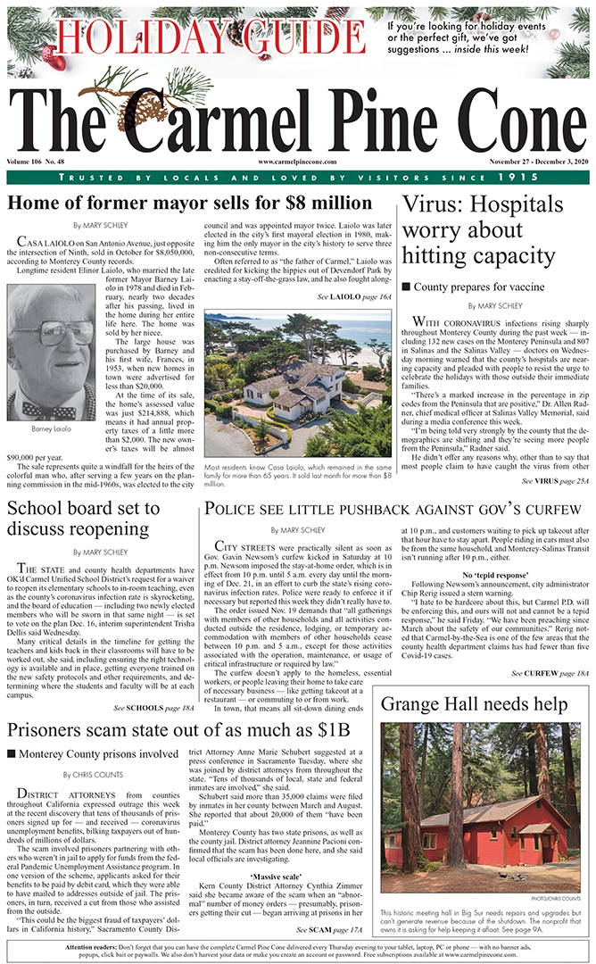 The
                November 27, 2020, front page of The Carmel Pine Cone
